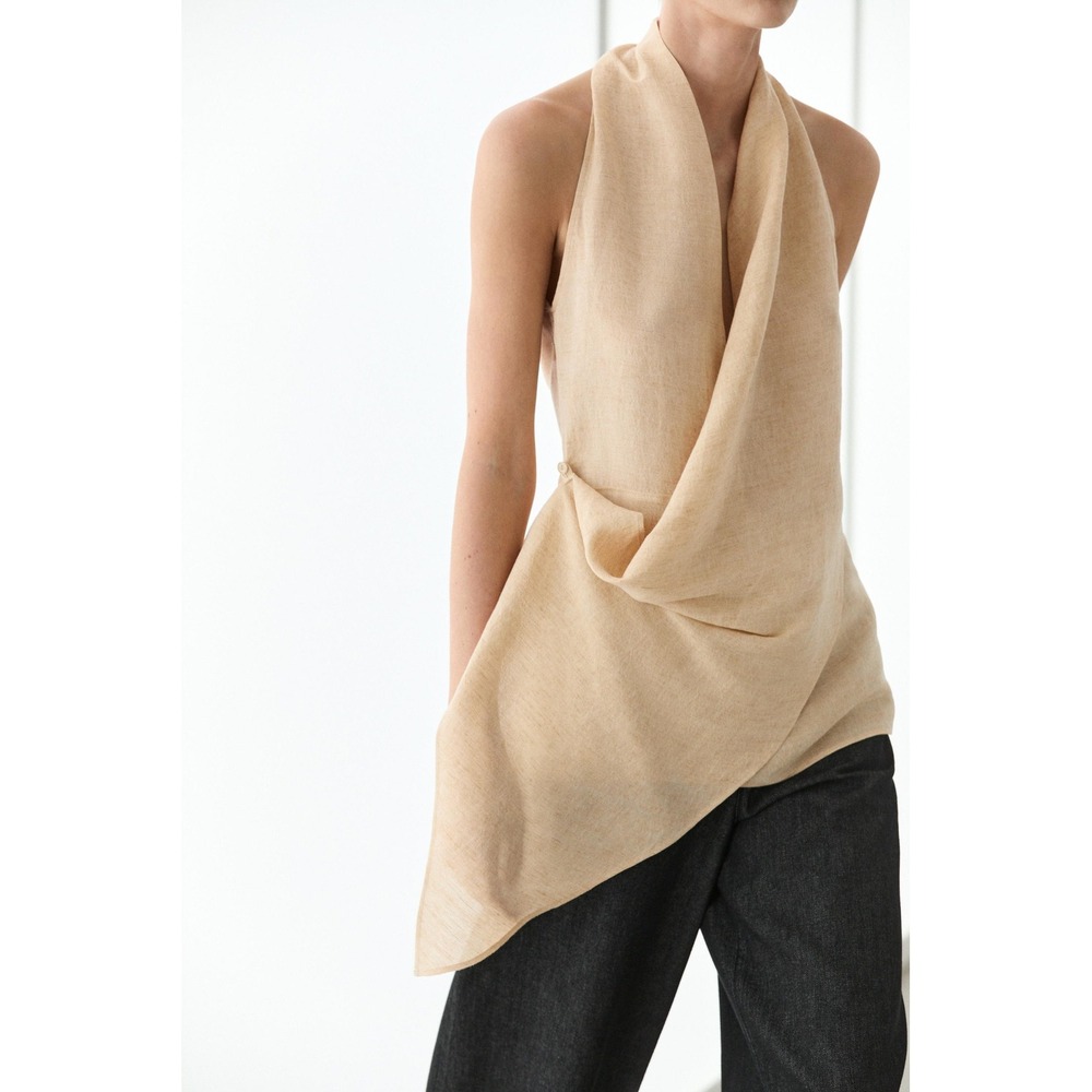 Massimo Dutti Halter Top Linen Blend Draped L Stone Asymmetric NWT
